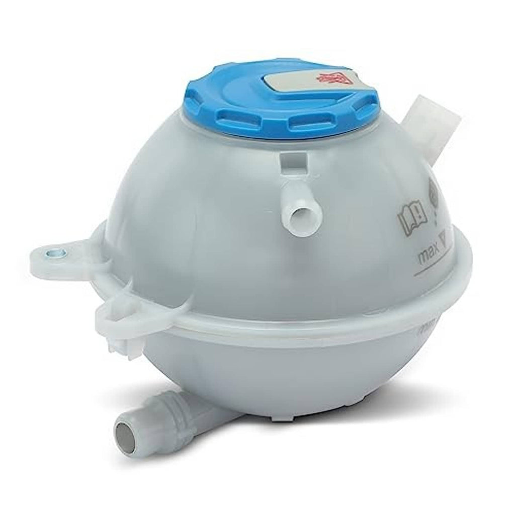 Coolant overflow reservoir tank with blue cap, white plastic body and mounting bracket