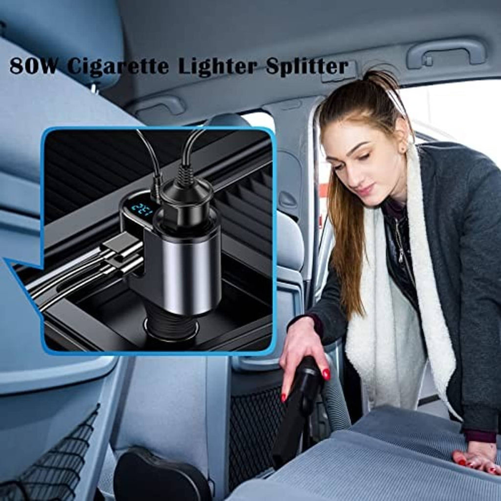 80W silver car cigarette lighter splitter with blue LED display and 3 USB ports
