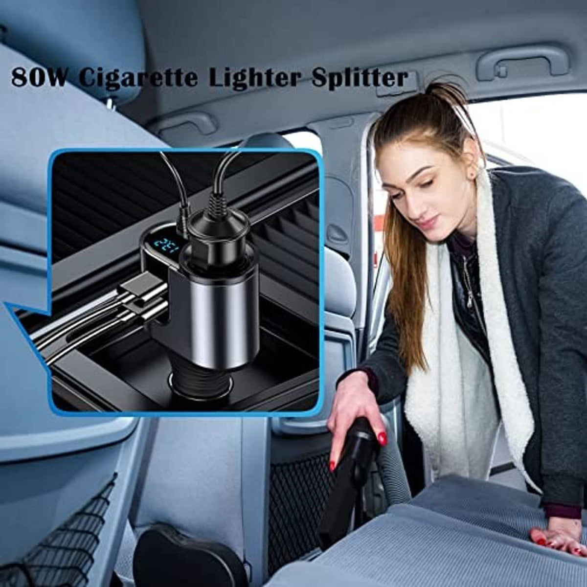 80W silver car cigarette lighter splitter with blue LED display and 3 USB ports