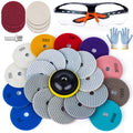 Diamond polishing pad set with multiple hook-and-loop discs in red, gray, blue, and tan