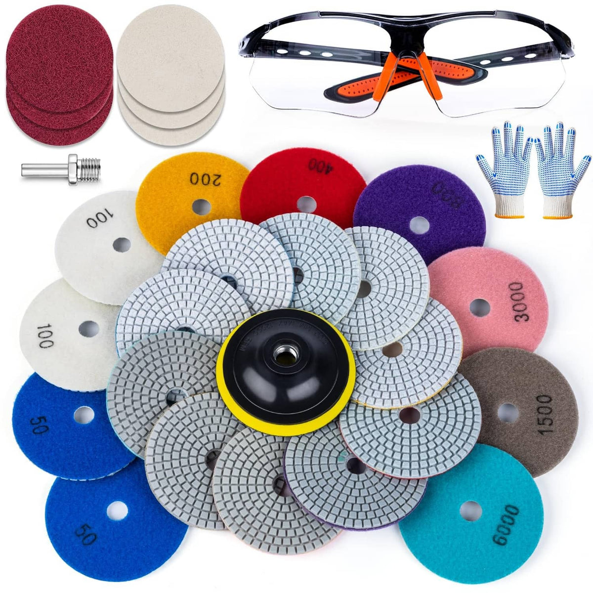 Diamond polishing pad set with multiple hook-and-loop discs in red, gray, blue, and tan