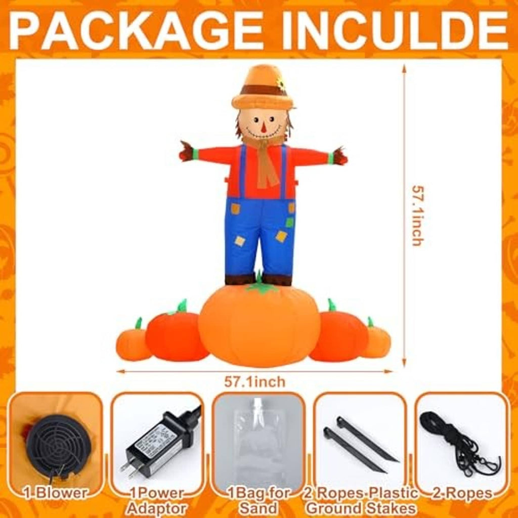 Inflatable scarecrow with pumpkin base, size diagram and blower/adapter/accessories shown