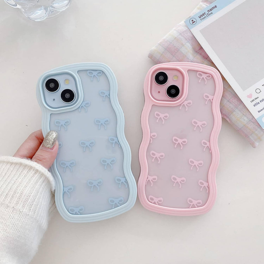 Pink clear iPhone case with repeating bow pattern and dual camera cutouts.