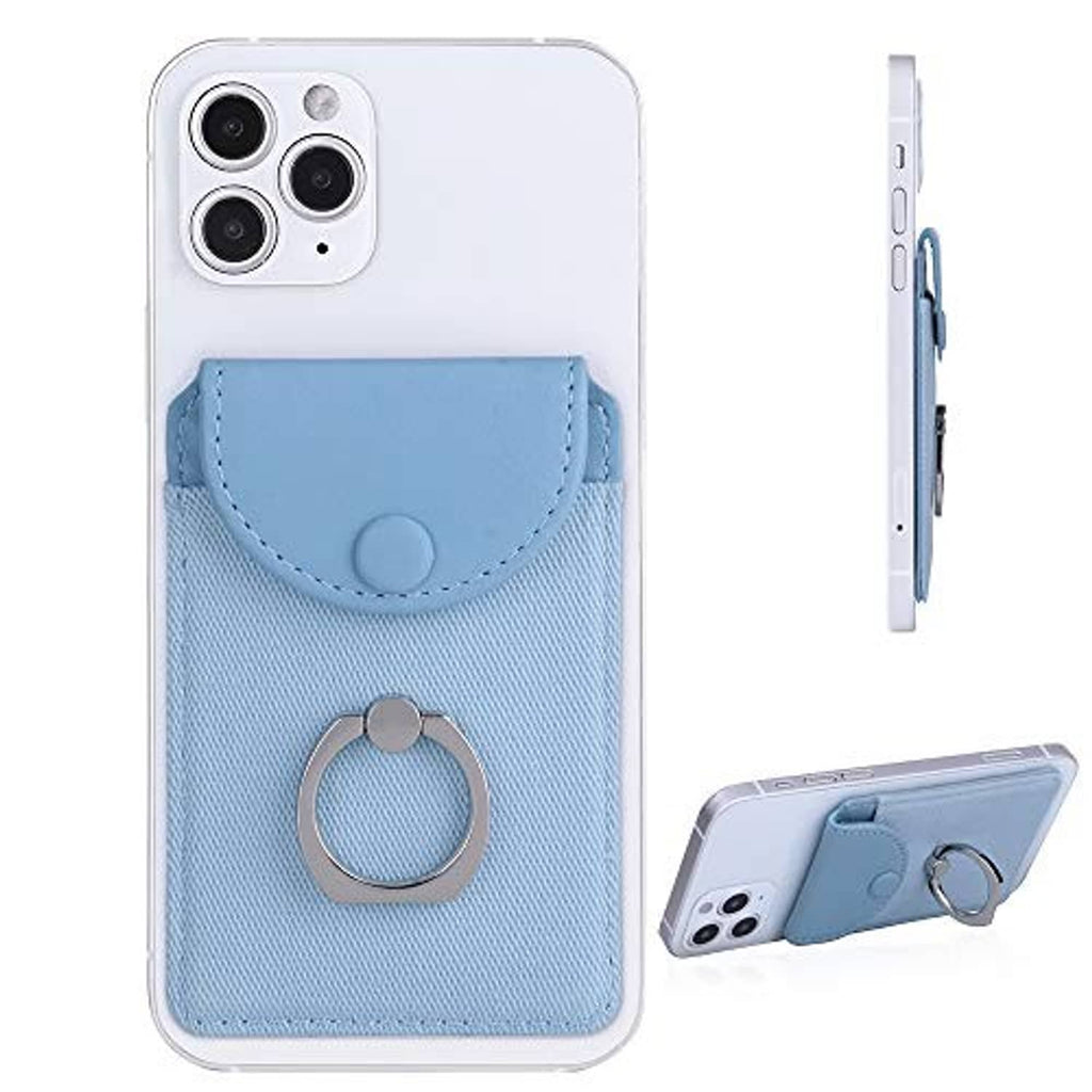 Light blue phone card holder with flap pocket and metal ring stand on back.