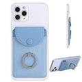 Light blue phone card holder with flap pocket and metal ring stand on back.