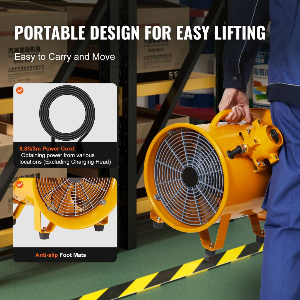 Yellow portable extractor fan blower with front grille, vent outlet, and anti-slip feet