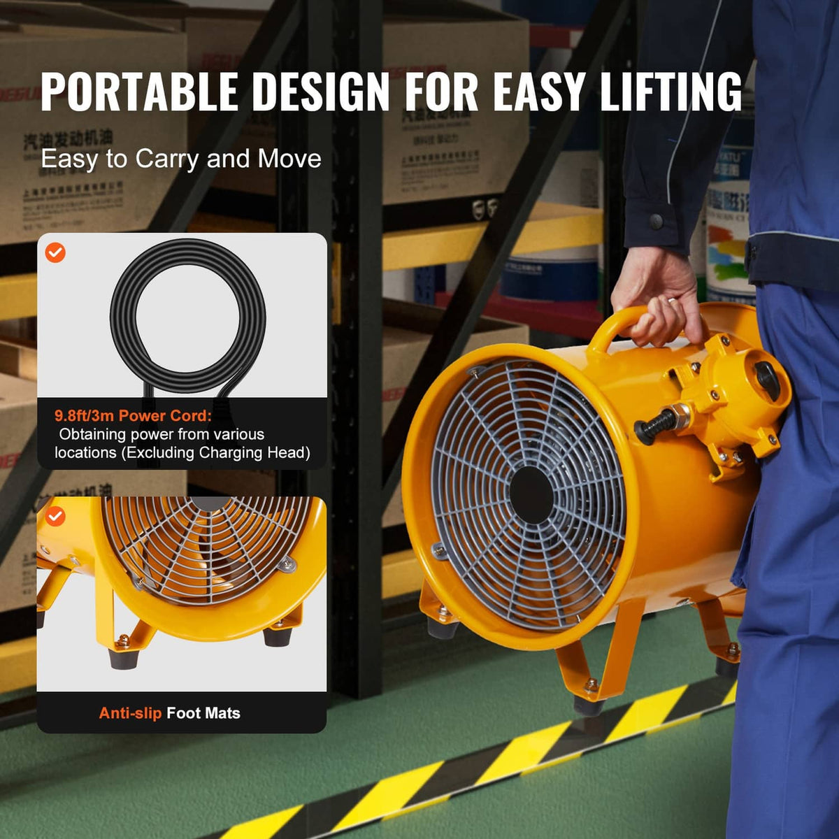 Yellow portable extractor fan blower with front grille, vent outlet, and anti-slip feet