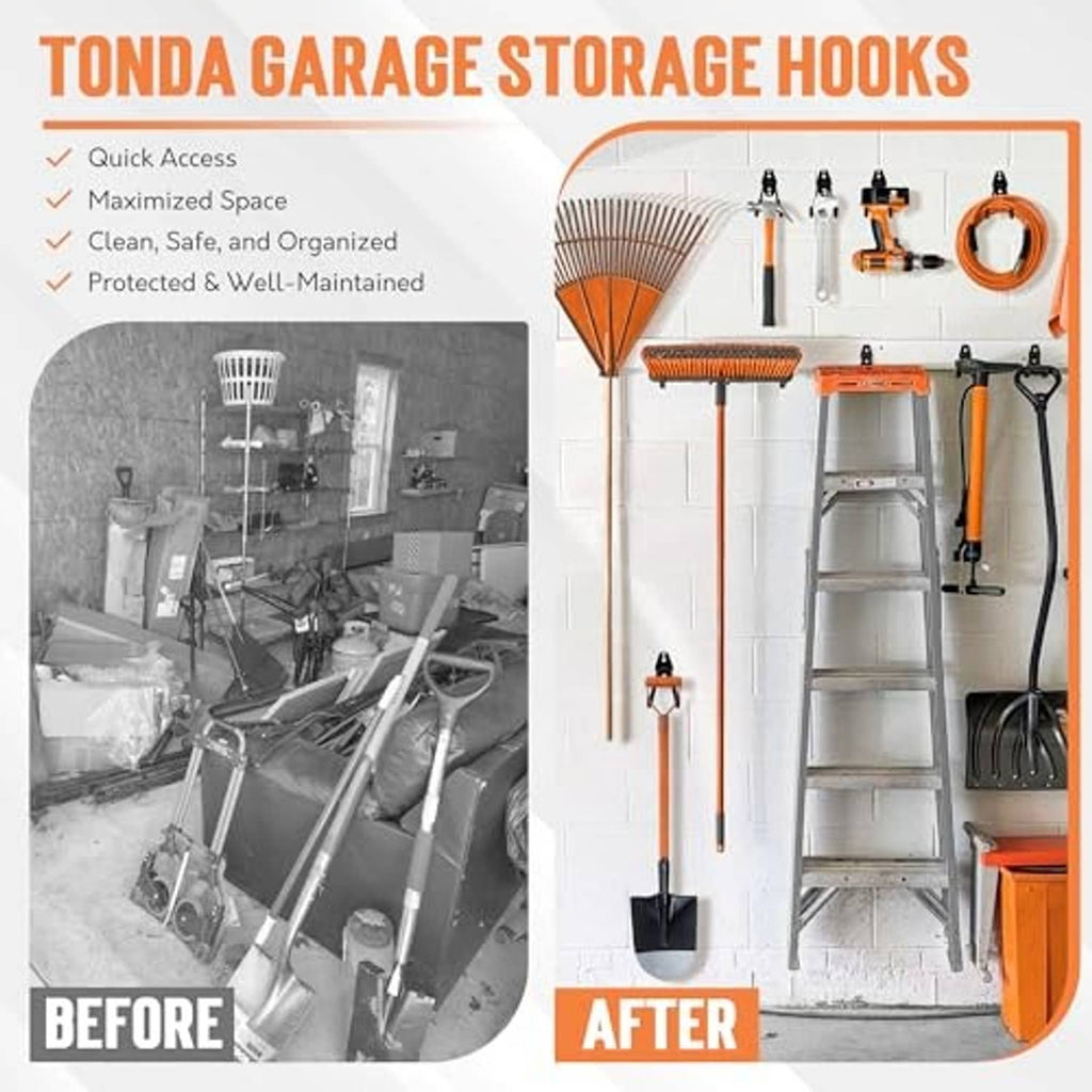 Black garage wall storage hooks arranged for organizing tools and small items