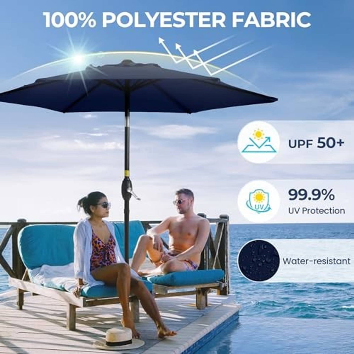 Navy blue outdoor table umbrella standing over patio seating with central pole