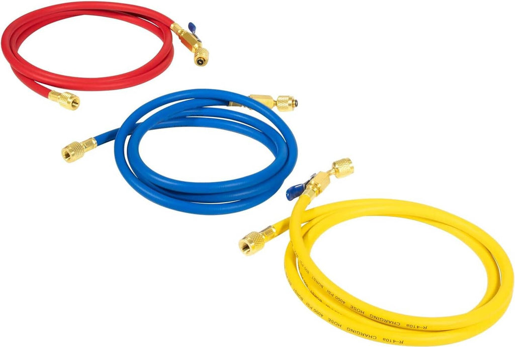 Refrigerant charging hose set with red, blue, and yellow hoses and brass end fittings