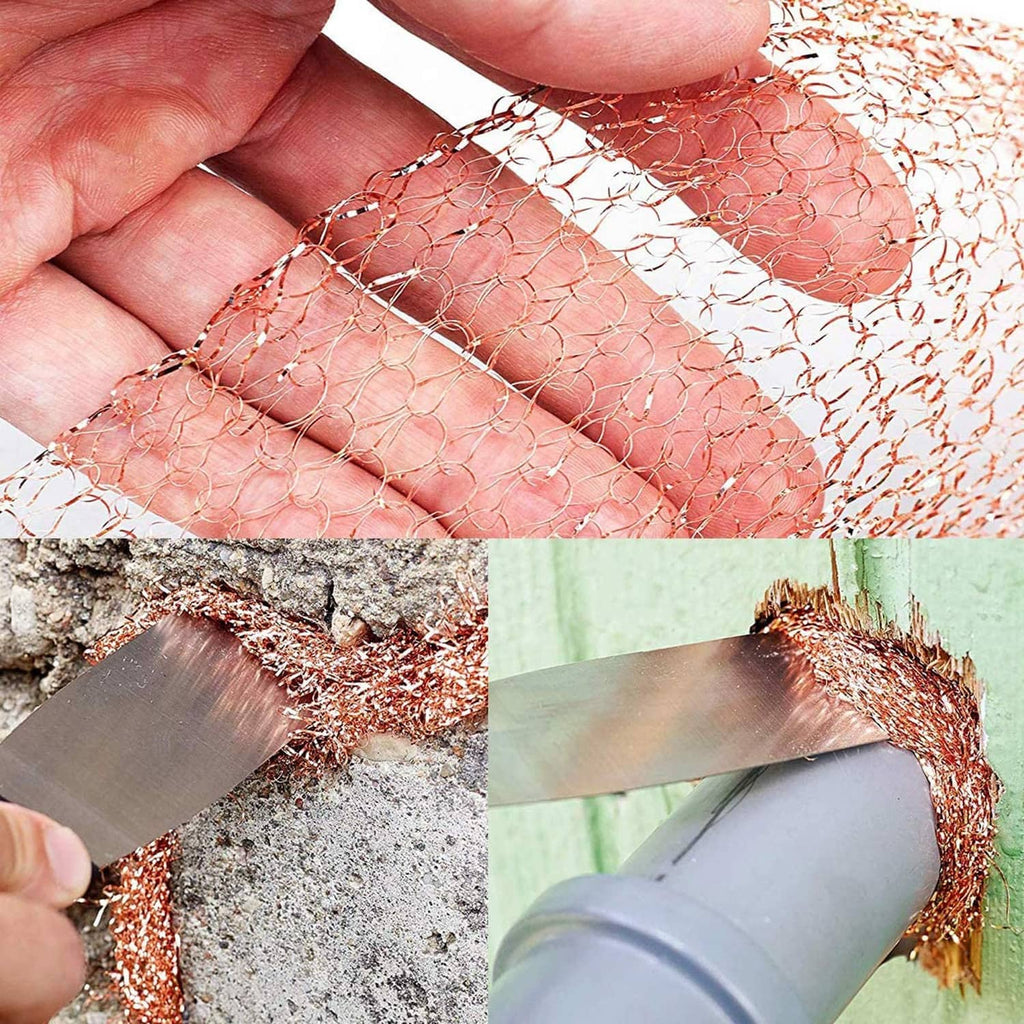 Copper mesh sheet held in hands; close-up of cut edges and wrapped sections