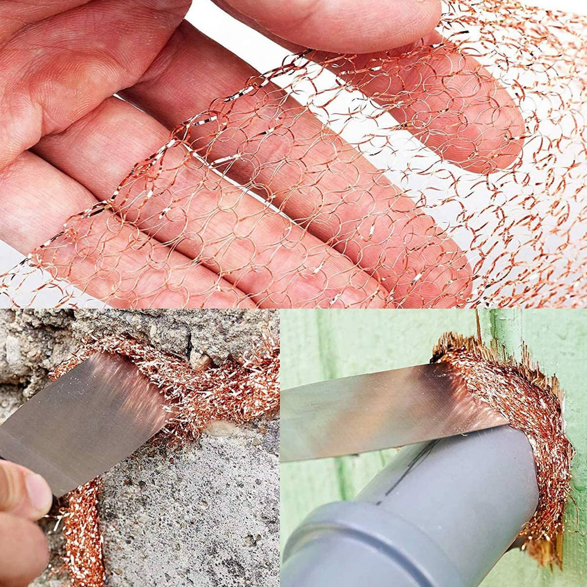 Copper mesh sheet held in hands; close-up of cut edges and wrapped sections