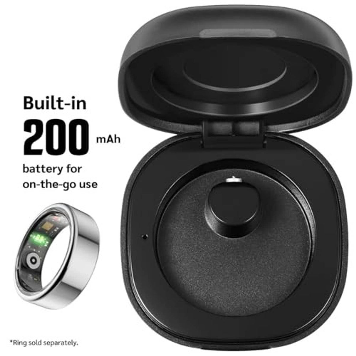 Black smart ring charging case with closed lid and built-in battery design