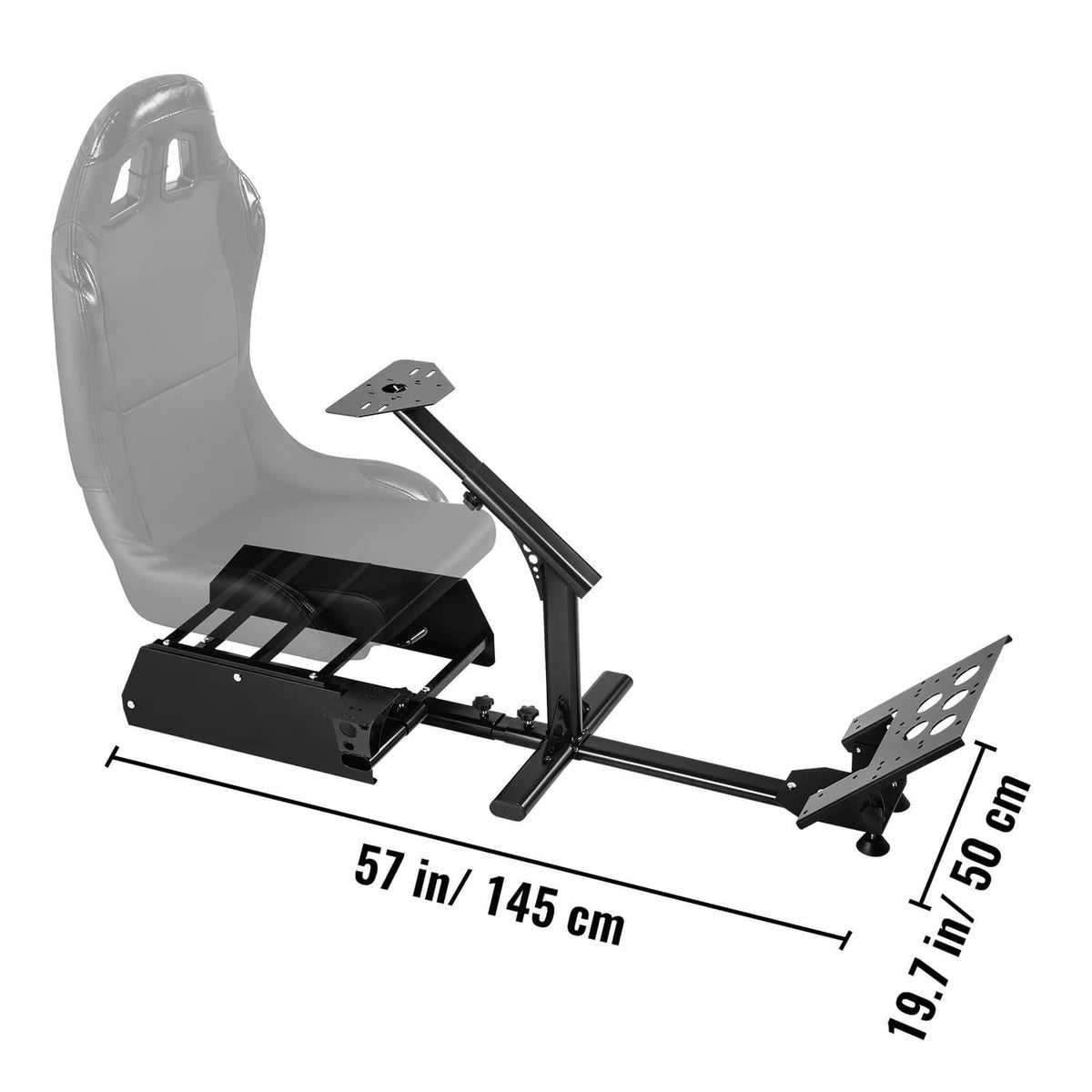 Racing simulator wheel stand with gray seat and extended pedal area with size markings