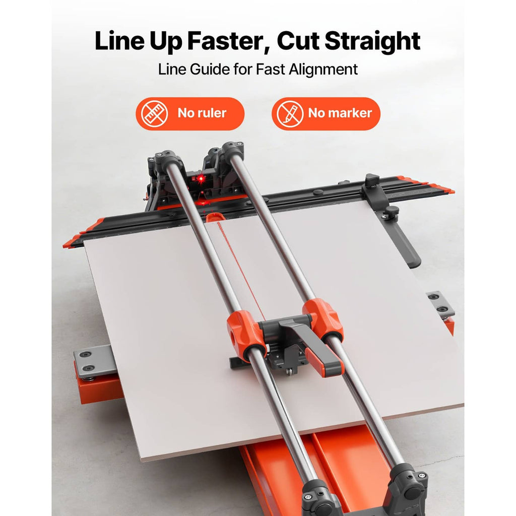 Manual tile cutter with guide rails, orange clamps, and two vertical cutting arms