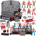 Wrestling toy arena playset with ring, fence walls, mini figures, and accessories