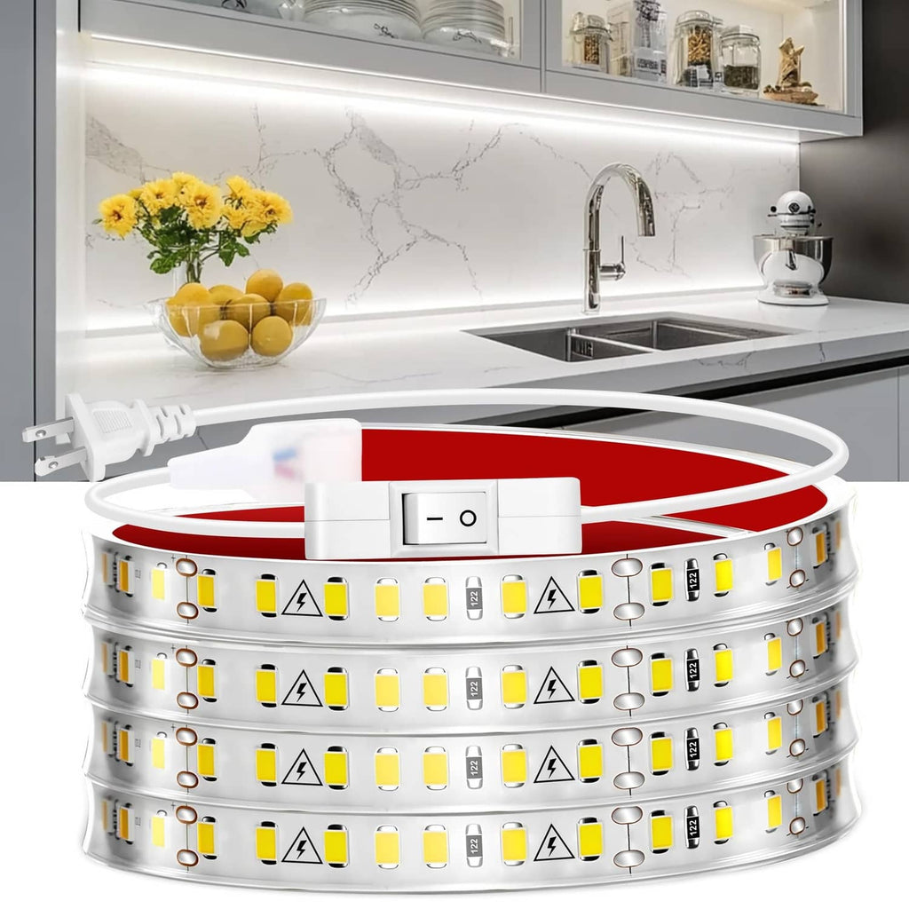 Plug-in under-cabinet LED strip light with adhesive backing and inline on/off switch