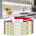 Plug-in under-cabinet LED strip light with adhesive backing and inline on/off switch