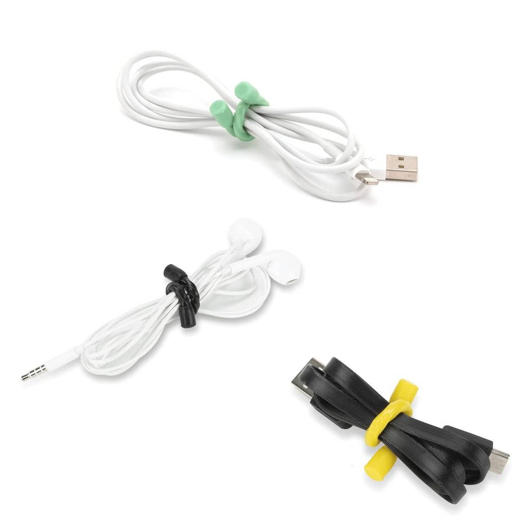 Silicone cable ties attached to white and black cables with USB connectors