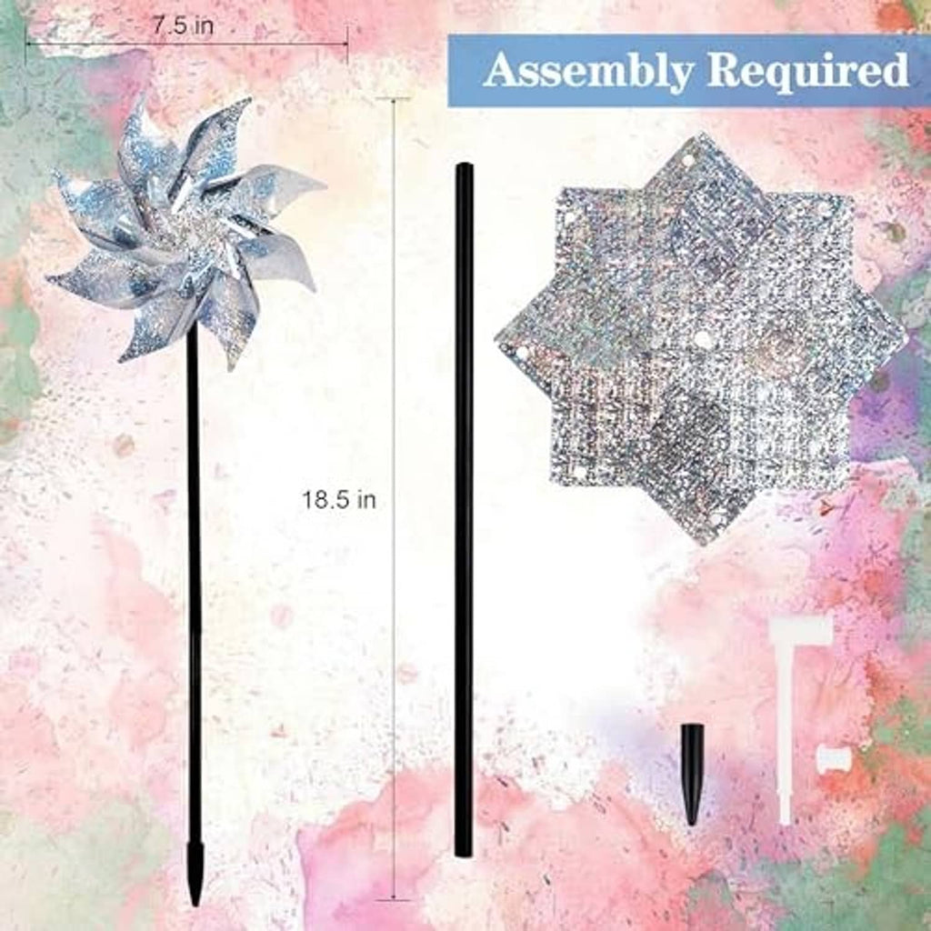 Silver reflective pinwheel with black stake and included parts, assembly required