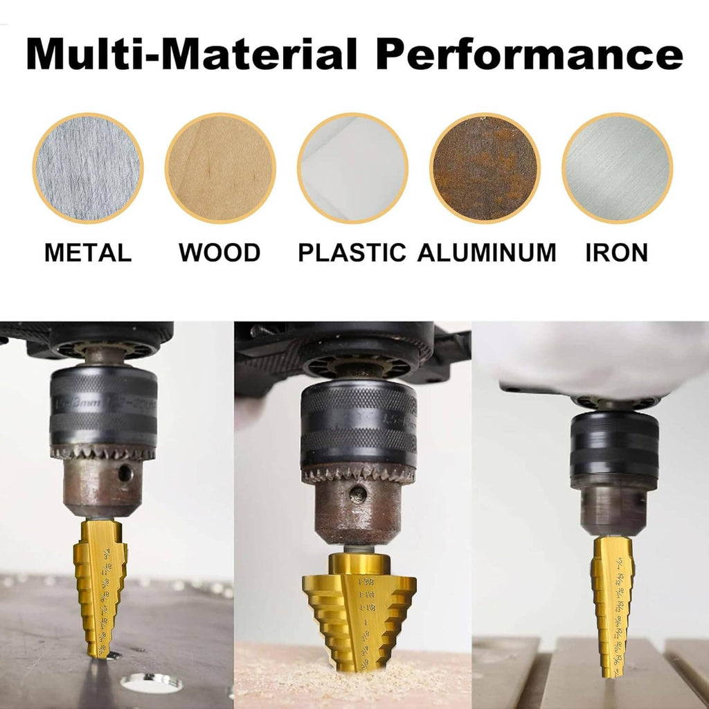 Step drill bit used on metal, wood, plastic, aluminum, and iron materials