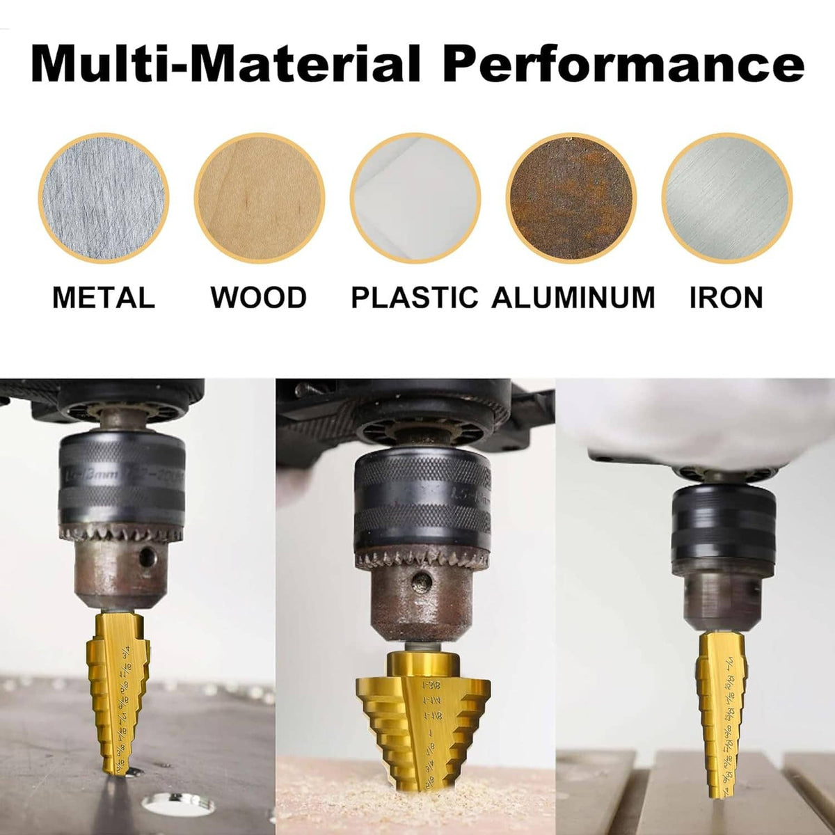 Step drill bit used on metal, wood, plastic, aluminum, and iron materials