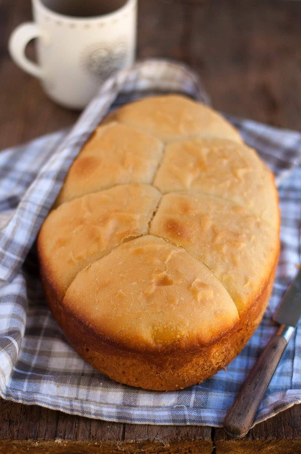 Oval grill roasting pan with lid showing a golden loaf of bread on a wooden board