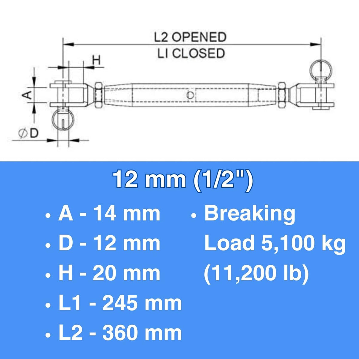 12 mm turnbuckle dimensions diagram with A, D, H, L1/L2 and 5,100 kg breaking load
