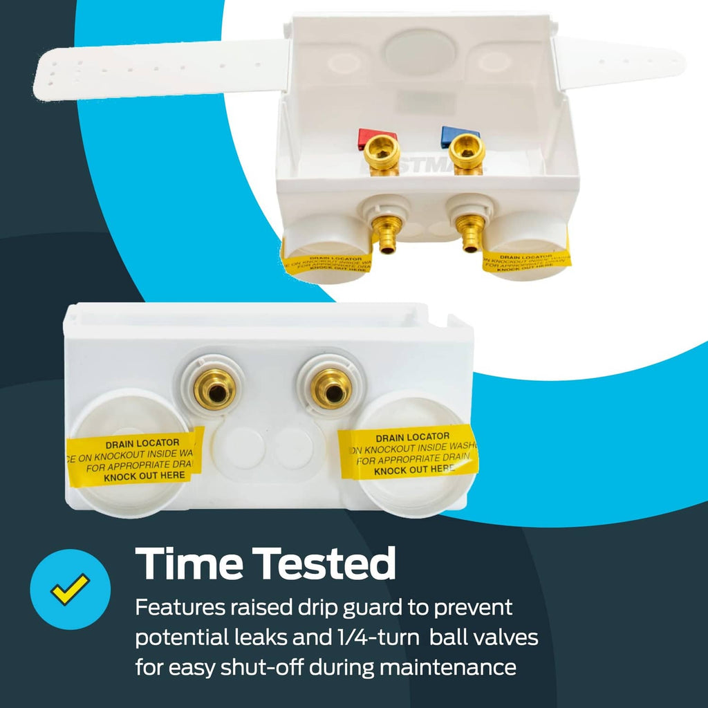 Open white outlet box showing two brass inlet valves and two round outlet ports
