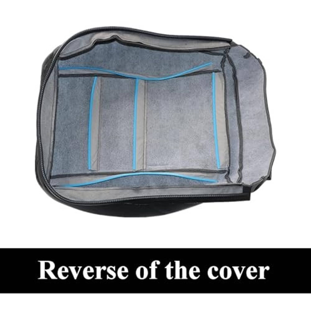 Seat cover interior backing with blue reinforcement straps in open case