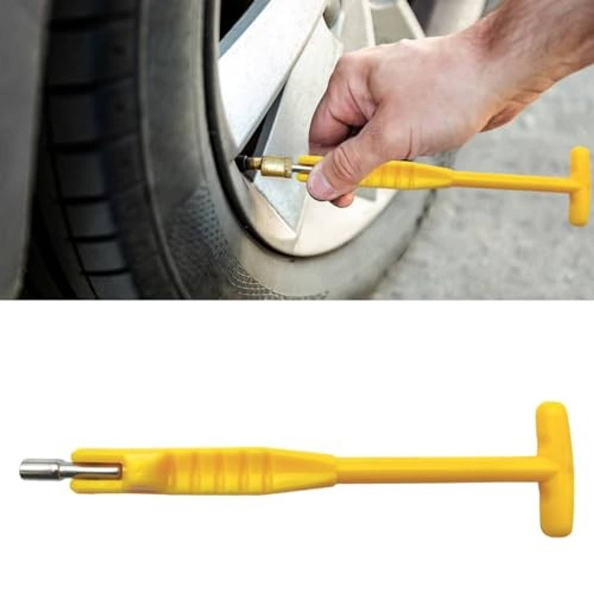 Hand holding yellow T-handle valve stem tool with metal shaft tip