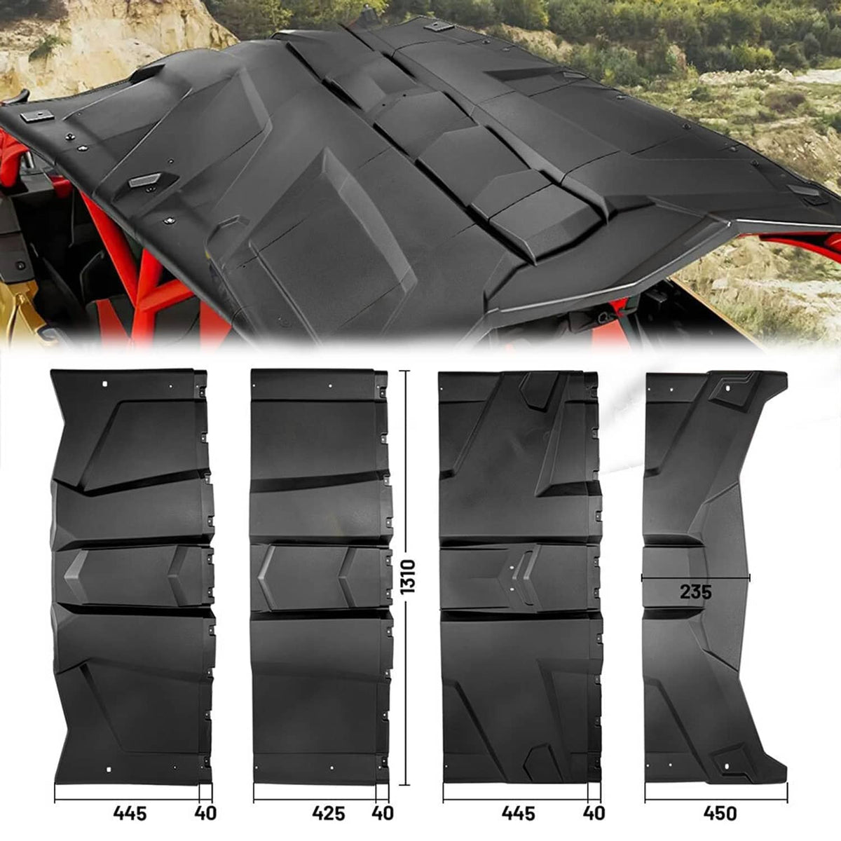 Black plastic hard roof top panels for off-road vehicle, multi-panel configuration