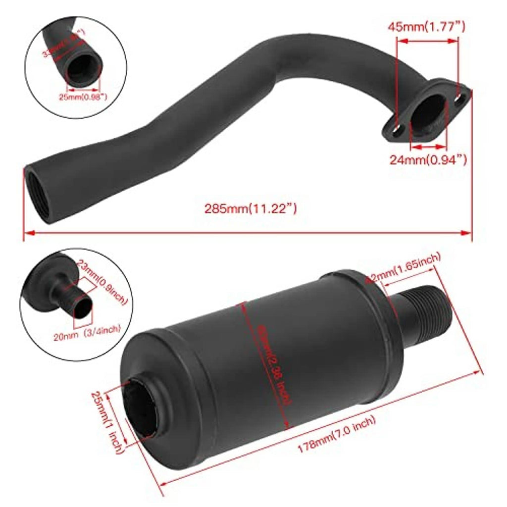 Black exhaust muffler silencer with inlet elbow and cylindrical canister, with measurements