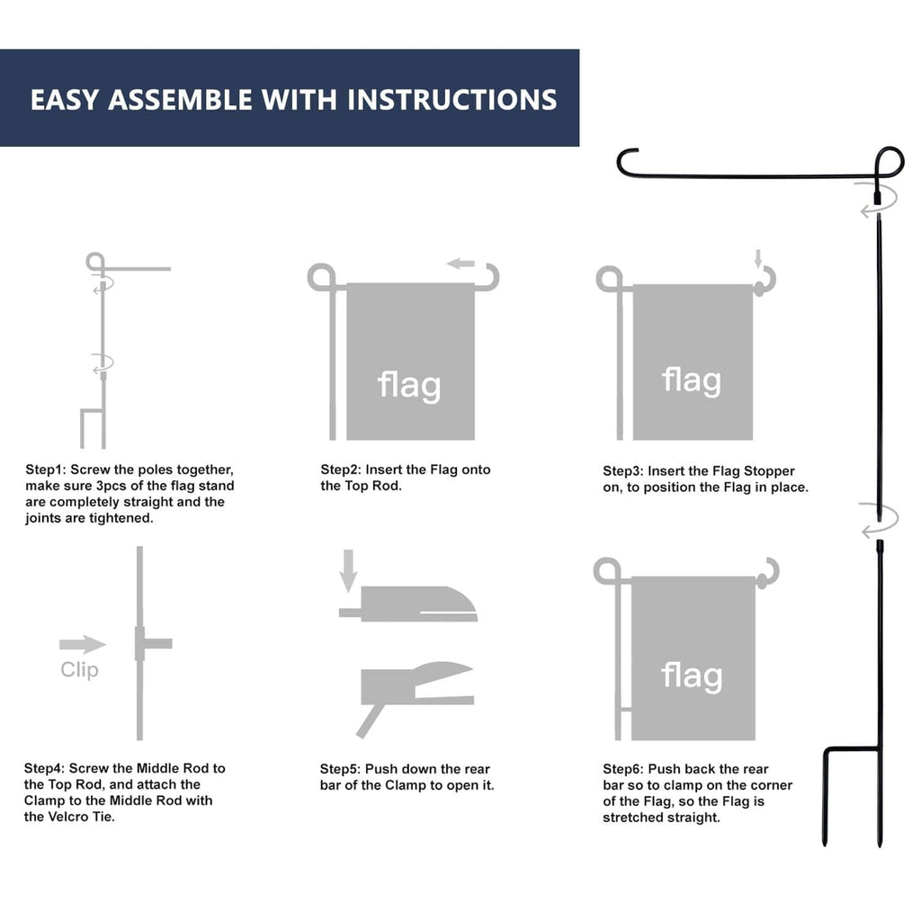 Black garden flag stand hardware with instruction-style layout showing assembly steps