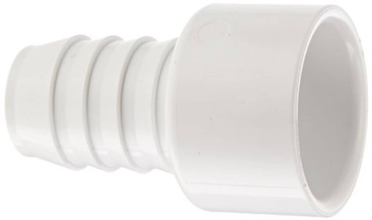 White PVC barbed pipe adapter fitting with ridged barb and flared socket end