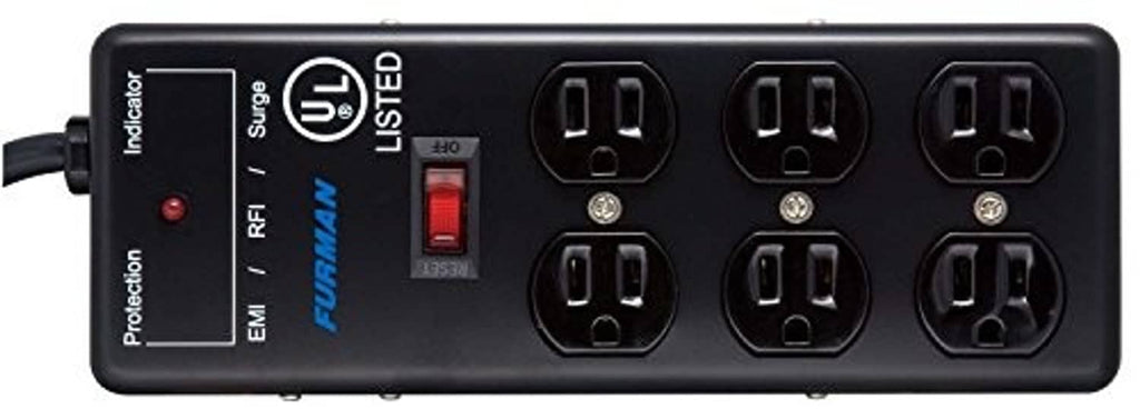 Black power conditioner front with multiple outlet ports, indicator LEDs, and reset switch