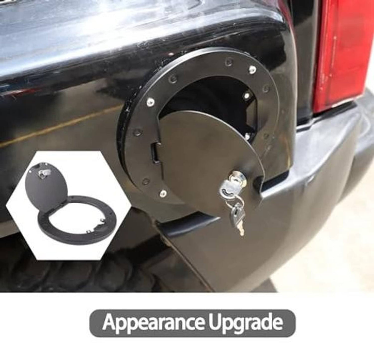 Black locking fuel door cover with keys and circular mounting ring