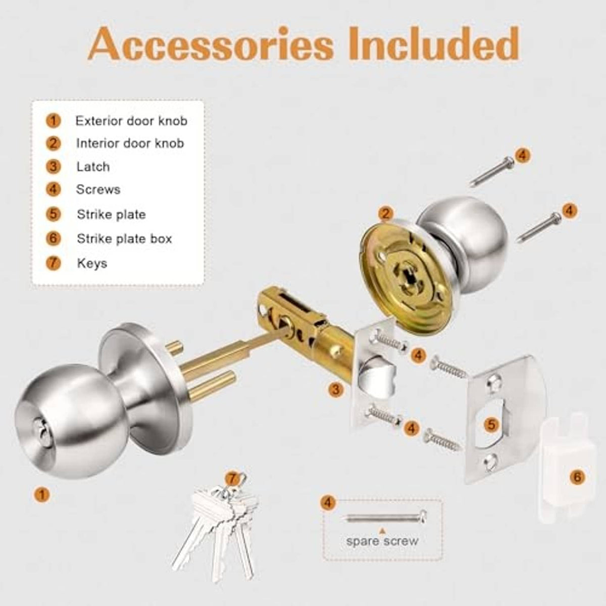 Brushed nickel keyed entry door knob set components with keys, latch, and screws