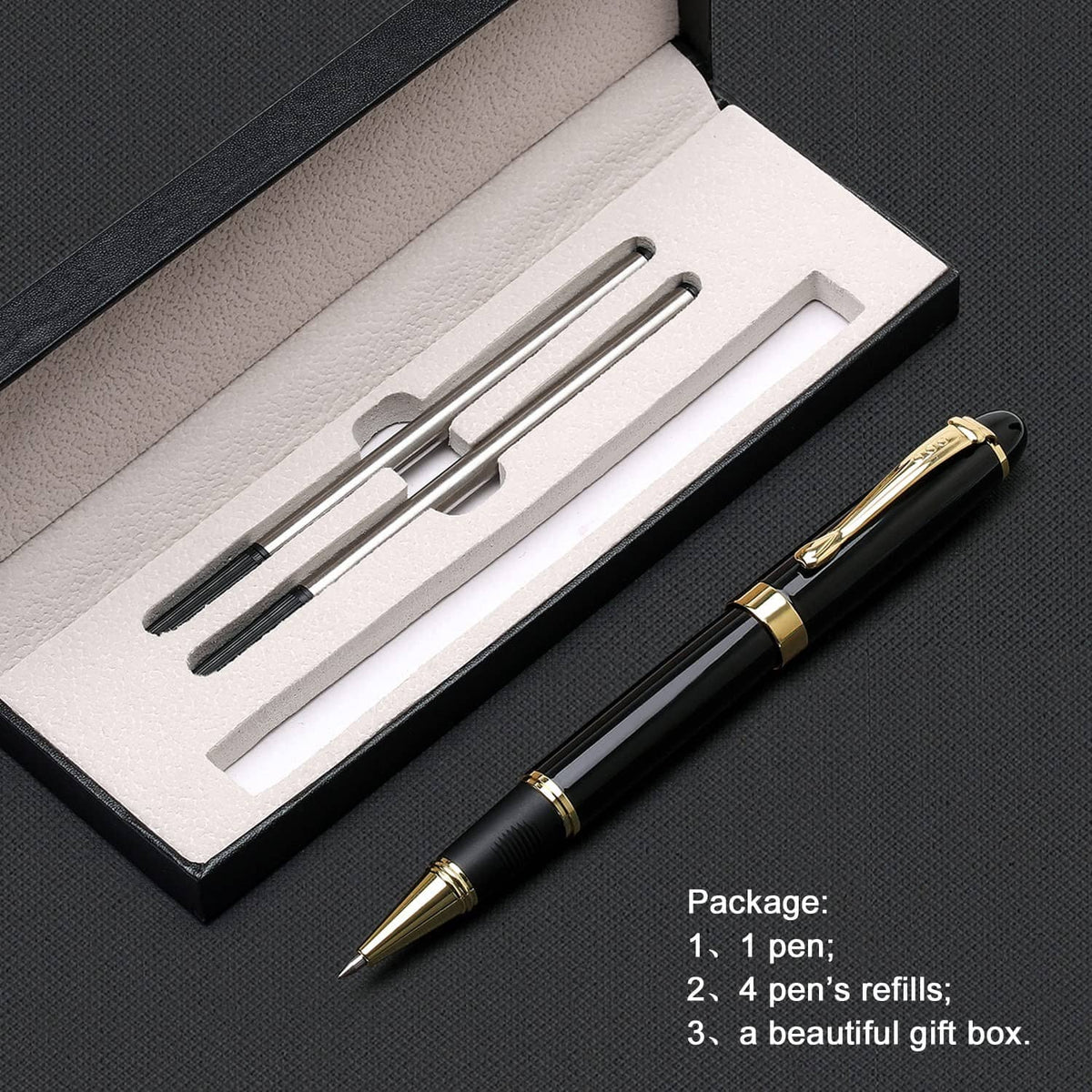 Black luxury ballpoint pen in a lined gift box with an extra refill slot