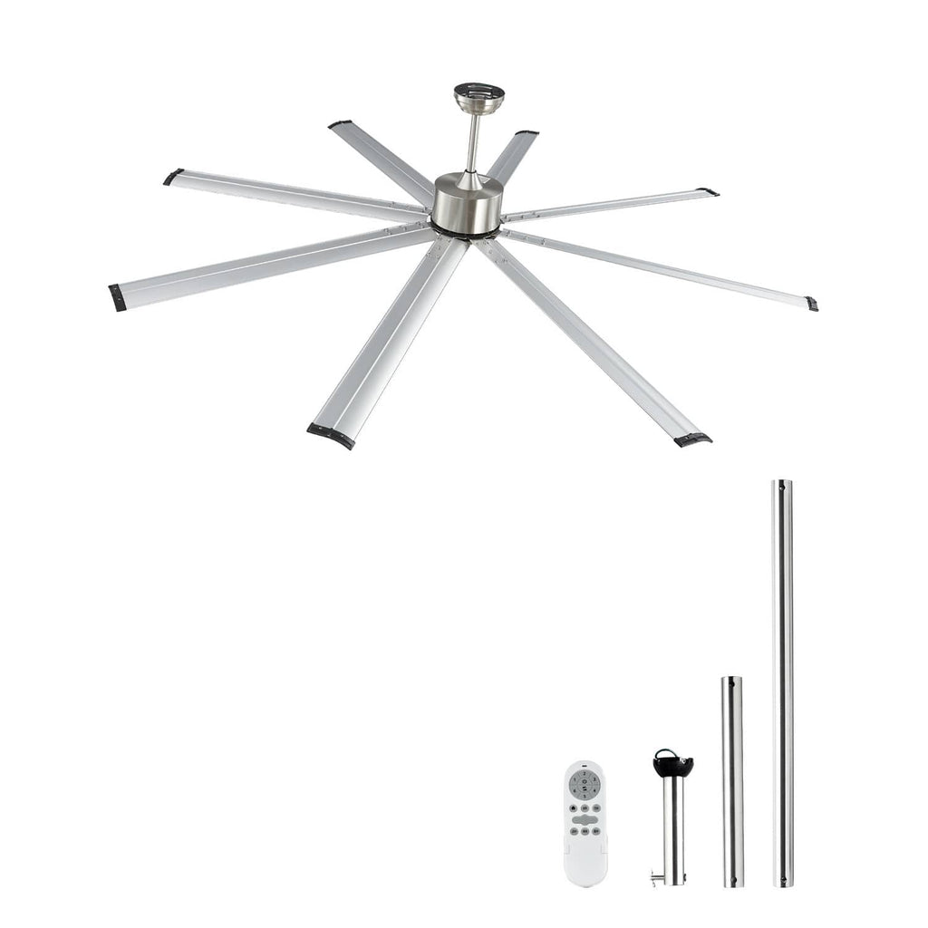 Nickel aluminum ceiling fan with 8 blades, reversible motor, and no light kit.