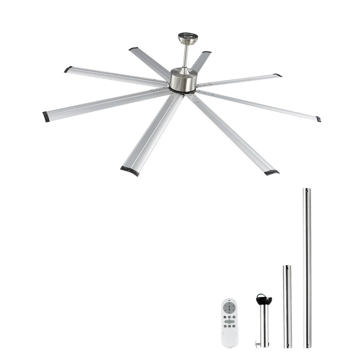 Nickel aluminum ceiling fan with 8 blades, reversible motor, and no light kit.