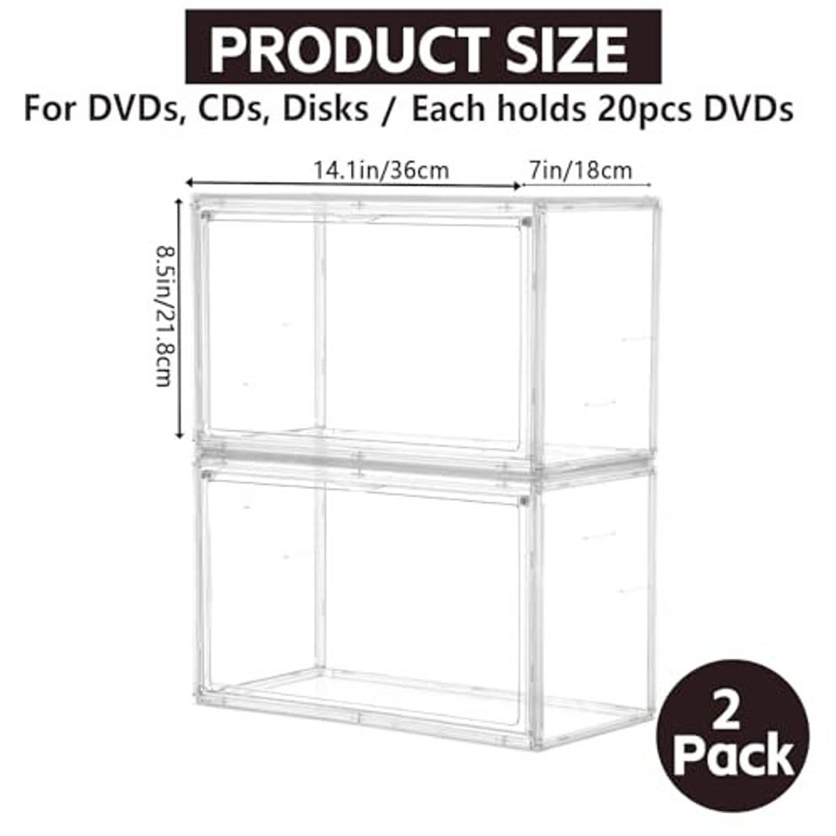 Transparent acrylic stackable DVD/CD organizer, two-tier cube storage box.