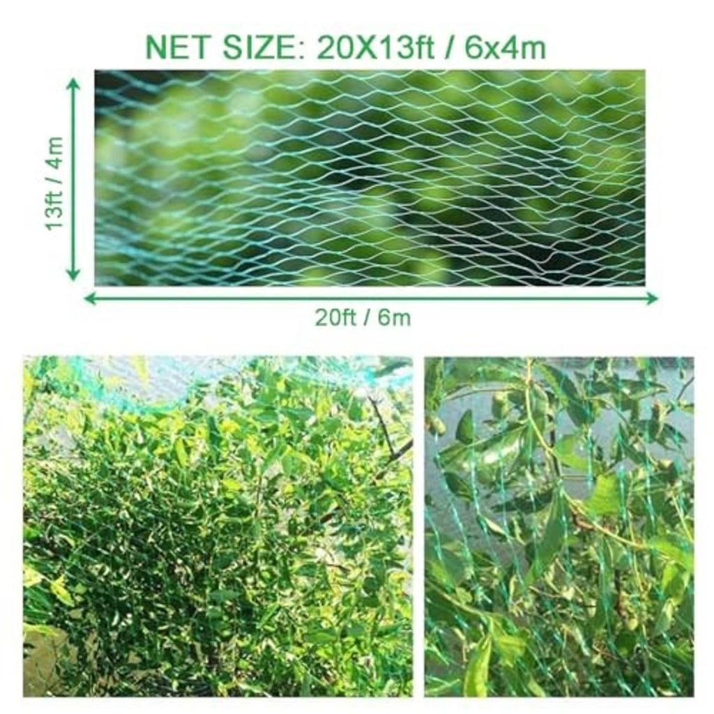 Green bird netting with diamond mesh, labeled net size 20x13 ft / 6x4 m