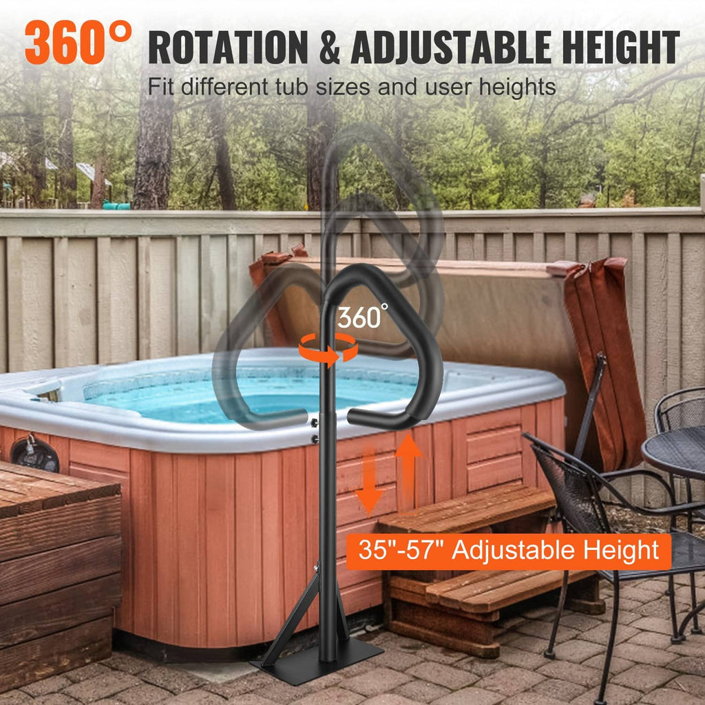 Hot tub handrail with 360-degree curved grip on adjustable-height base in backyard