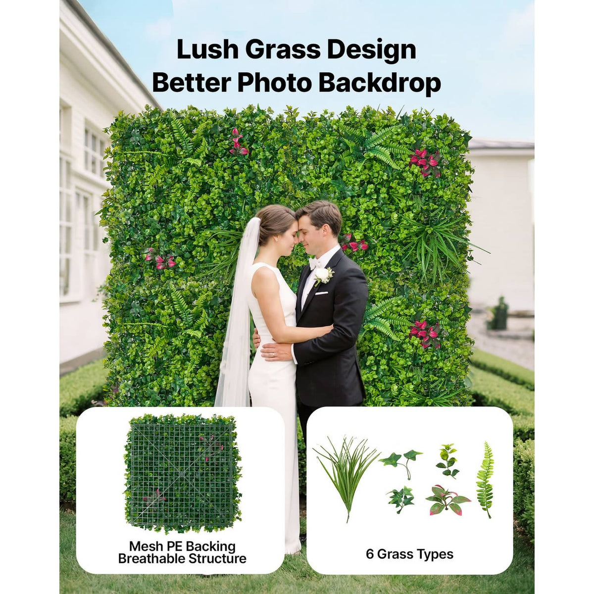 Outdoor-style artificial greenery wall panel with dense green foliage and scattered pink blossoms.