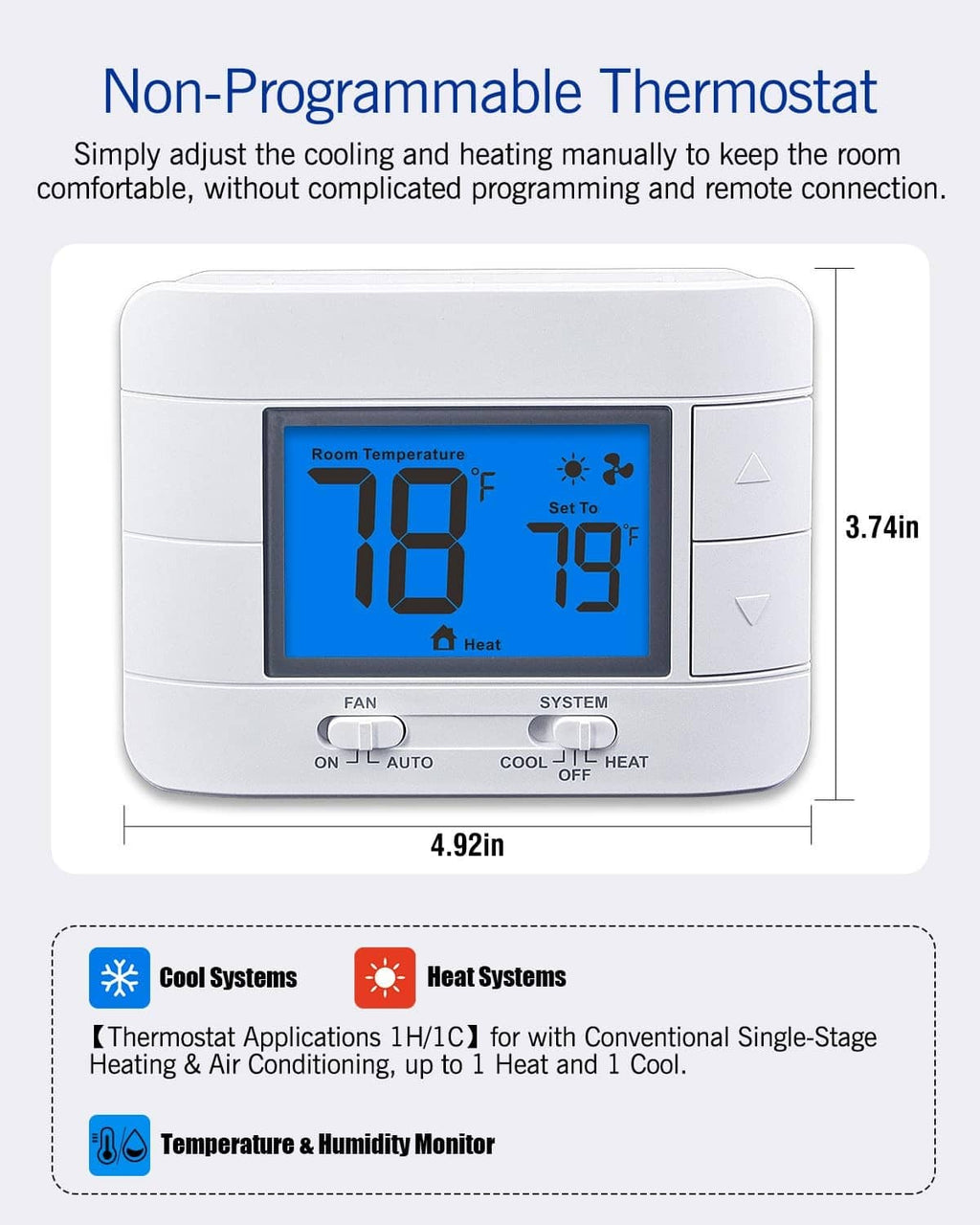 Non-programmable thermostat front view with blue display, buttons, and SYSTEM/FAN controls