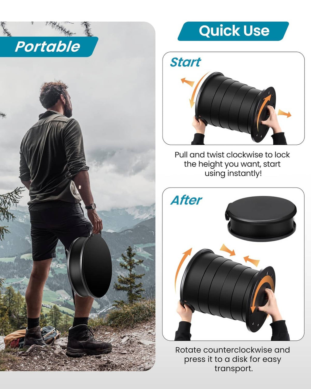 RivetOak TRIPTIPS 2025 Upgrade Retractable Portable Toilet Foldable Height XL, Dark