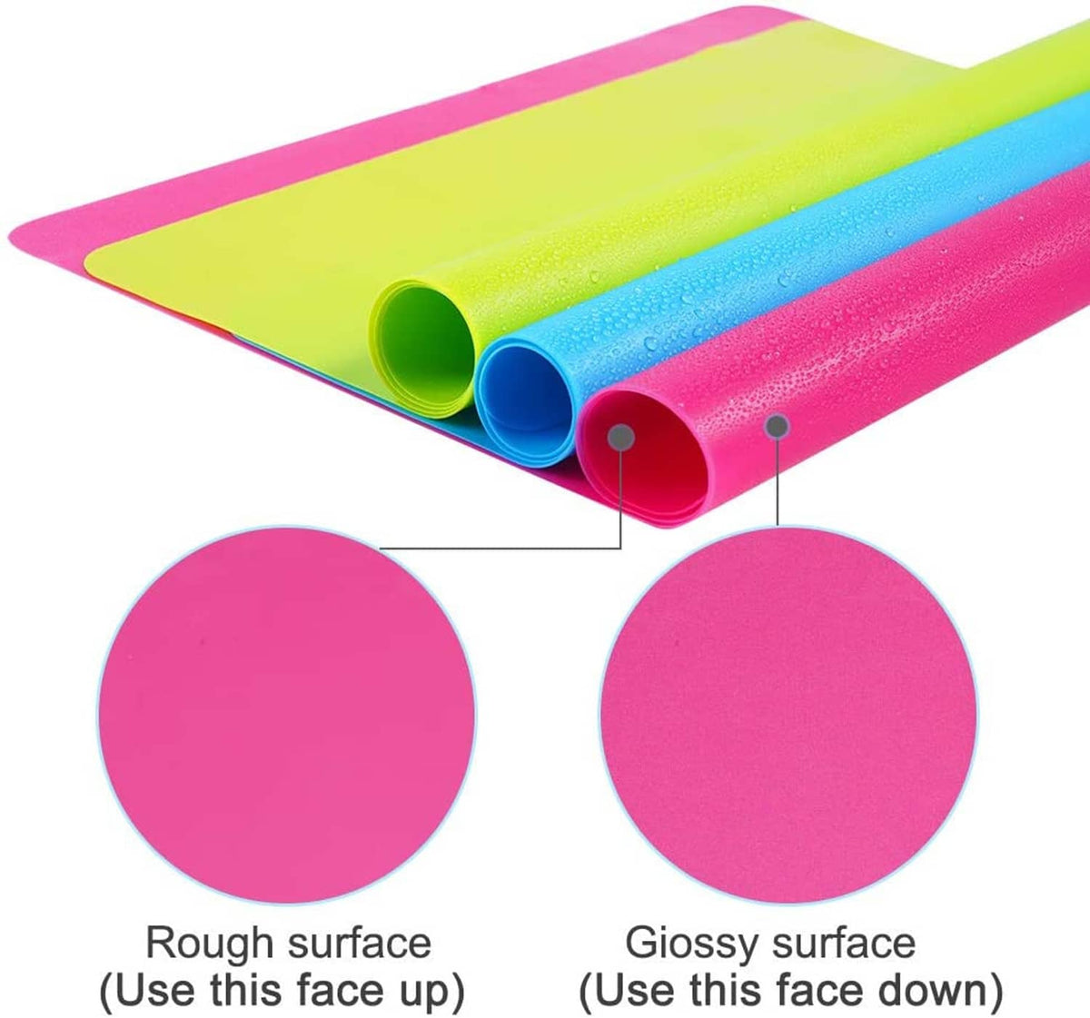 Three colorful silicone craft mats, rolled ends showing rough and glossy surfaces