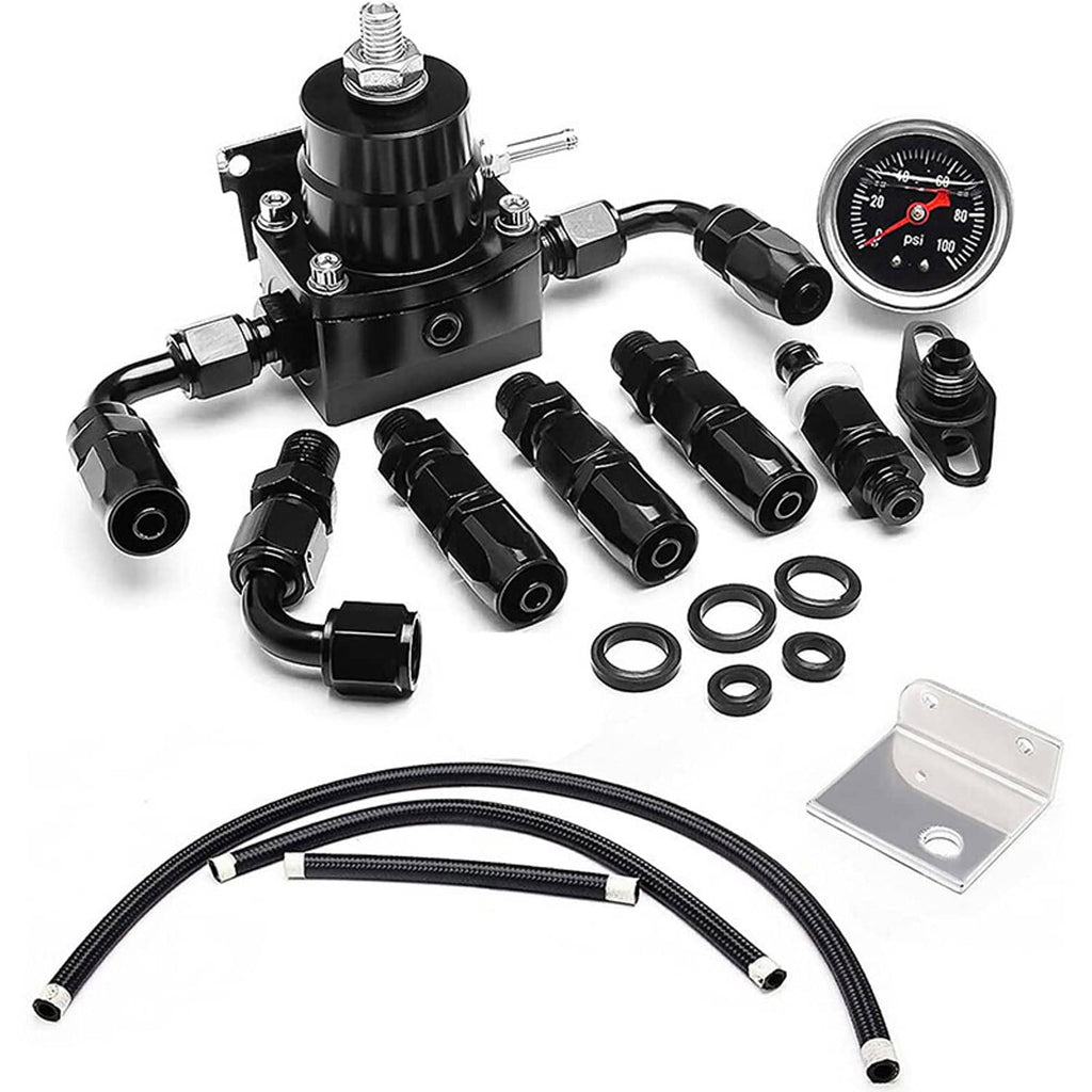 Black fuel pressure regulator with pressure gauge and AN6 adapter fittings, hoses, seals