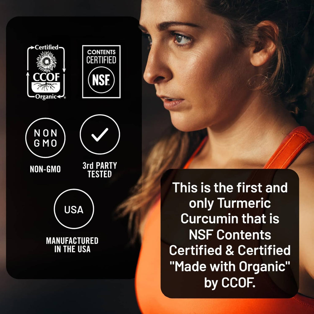 Turmeric curcumin supplement certification icons: Organic, NSF, non-GMO, 3rd party tested